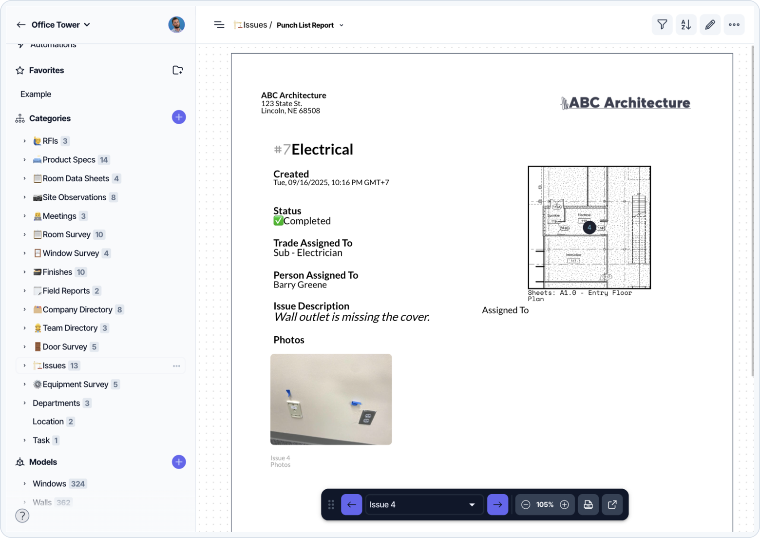 A completed punch-list report in Layer with a field photo and drawing location